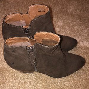 Frye Judith double side-zip suede booties in brown/tan.